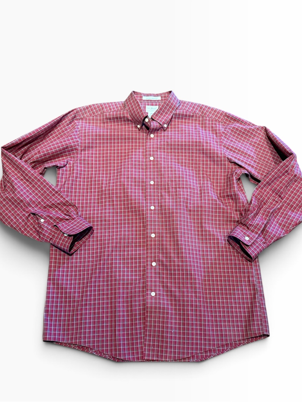 L L Bean Men's Large Tall Red Check Button-Down Long Sleeve Shirt Wrinkle Resist